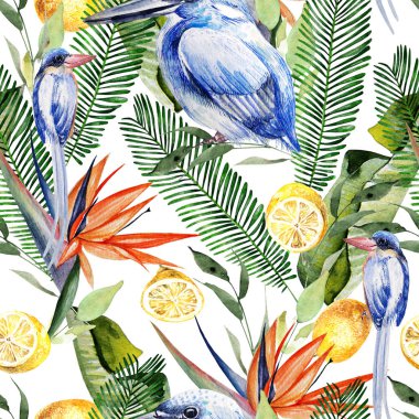 Palmiye yaprakları, Hibiscus çiçek ve limon meyve güzel suluboya kesintisiz, tropikal orman çiçek desenli arka plan.