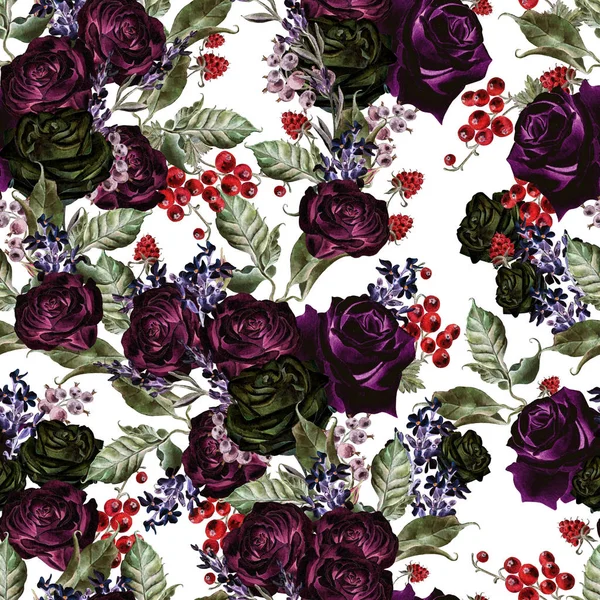 Bright watercolor seamless patterns with roses and lavender flowers, currant berries. — Stock Photo, Image