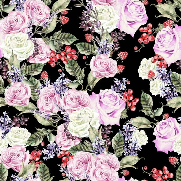 장미와 라벤더 꽃 밝은 수채화 완벽 한 패턴, 건포도 열매. — 스톡 사진