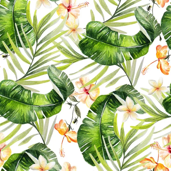 Güzel suluboya, dikişsiz tropikal orman çiçekli arka plan palmiye yaprakları ve tropik çiçek tesisatı, amber çiçeği. Görüntü