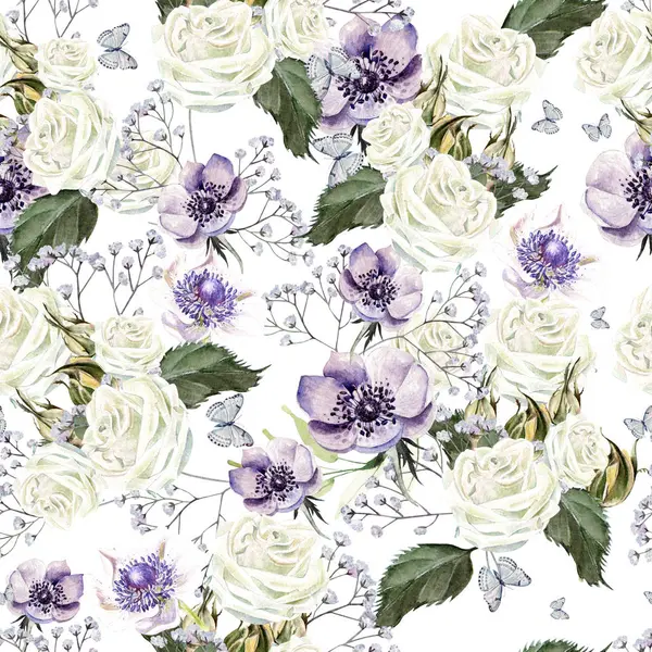 Çiçekler, güller, şakayıklar ve kır çiçekleriyle sulu boya desenleri. Görüntü