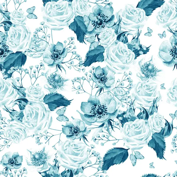 Çiçekler, güller, şakayıklar ve kır çiçekleriyle sulu boya desenleri. Görüntü