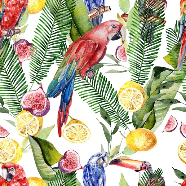 Beautiful watercolor seamless, tropical jungle floral pattern background with palm leaves, Hibiscus flowers and lemon fruit. — Stock Photo, Image