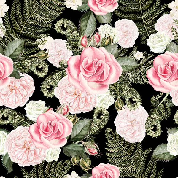 Beautiful watercolor seamless pattern with flowers of rose leaves of fern. — Stock Photo, Image