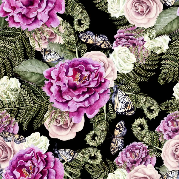 Hermoso patrón sin costura acuarela con flores de rosas y peonía, hojas de helecho . — Foto de Stock