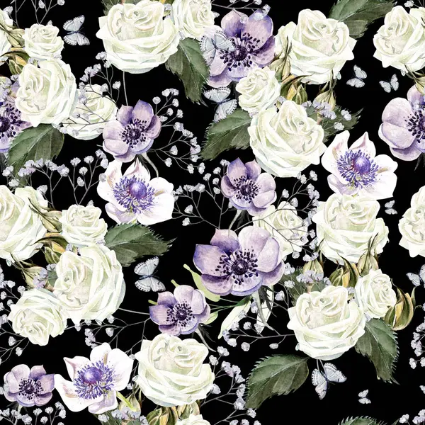 明るい水彩のシームレスなパターンと花のバラ エモン そして野生の花 イラストレーション ロイヤリティフリーのストック画像