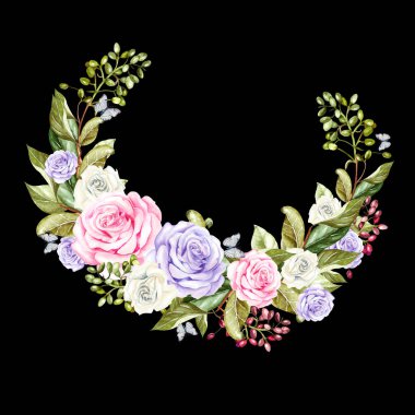 Suluboya çelenk gül ve çilek. İllüstrasyon