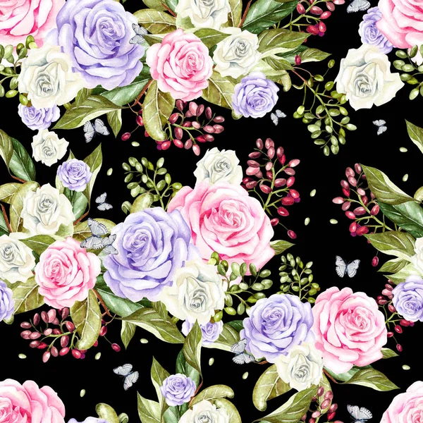 Bright watercolor seamless pattern with flowers, buds and leaves