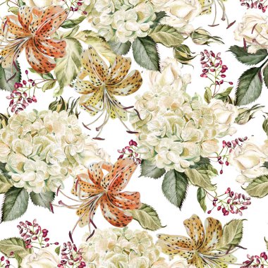 Ortanca ve lili çiçekli güzel suluboya desen