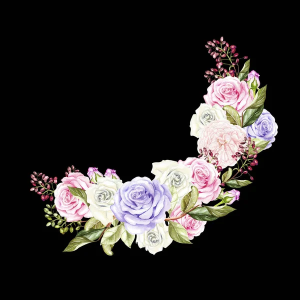 Grinalda aquarela com rosas e bagas. Ilustração — Fotografia de Stock
