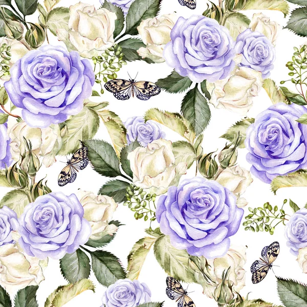 Hermoso patrón de acuarela con rosas y bayas. Ilustración — Foto de Stock