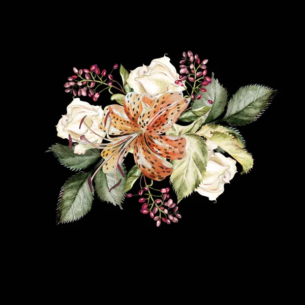 Ένα όμορφο ακουαρέλα μπουκέτο με τριαντάφυλλα και λίλιουμ. Illustrati — Φωτογραφία Αρχείου