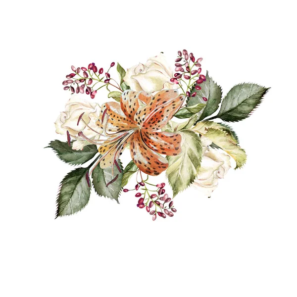 Een prachtige aquarel boeket met rozen en lelies. — Stockfoto