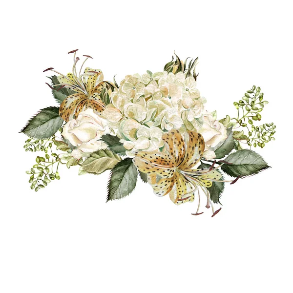 Güzel bir suluboya buket çiçekler ortancaları ve li