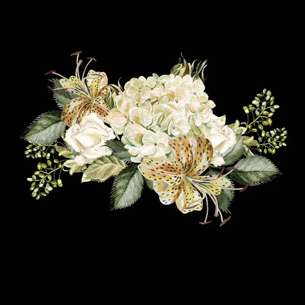 Egy gyönyörű akvarell csokor virág a Hortenzia és li — Stock Fotó