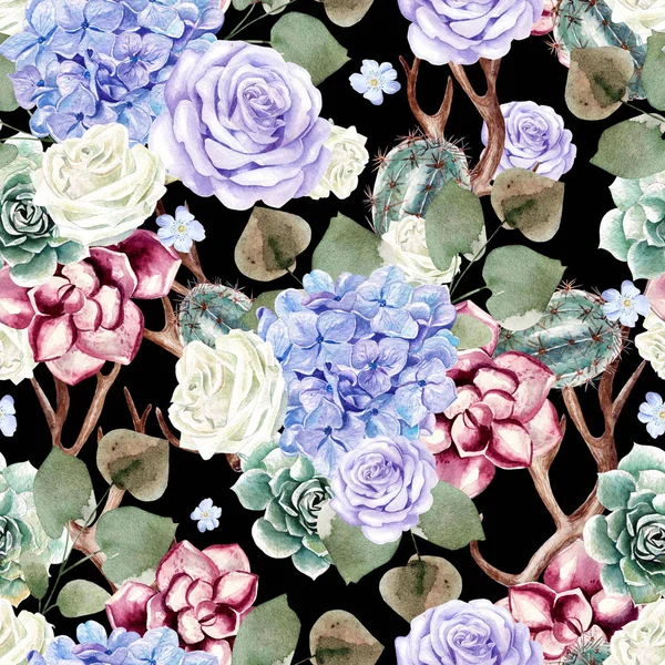 Ortanca, sulu, kaktüs çiçekli suluboya desen 