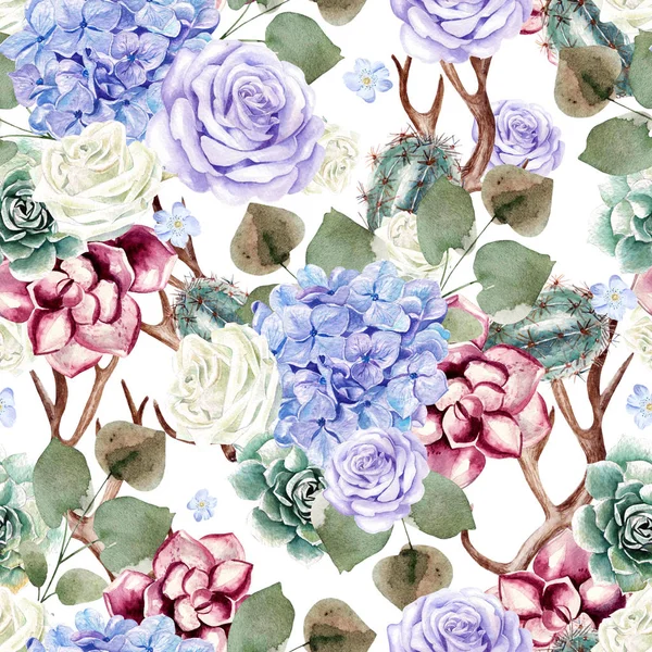 Watercolor pattern with flowers of hydrangea, succulent, cactus — Stock Photo, Image