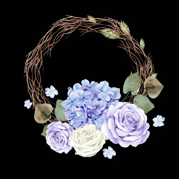 Hermosa corona de acuarela brillante con flores de hortensia y —  Fotos de Stock