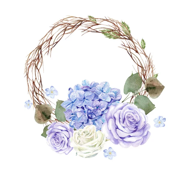 Belle couronne aquarelle lumineuse avec des fleurs d'hortensia et — Photo