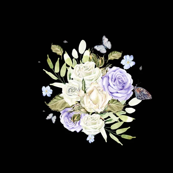 Güzel parlak suluboya buket gül çiçekli ve ama