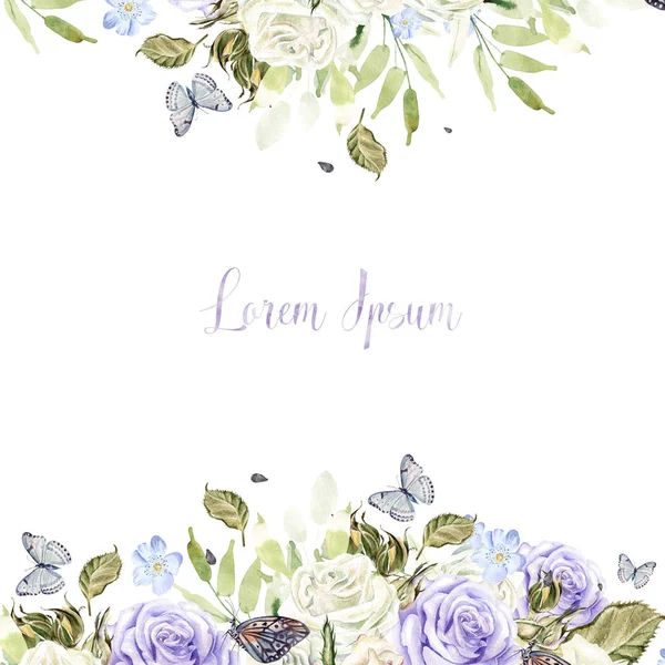 Krásné světlé akvarel karta s květy růže a máslem — Stock fotografie