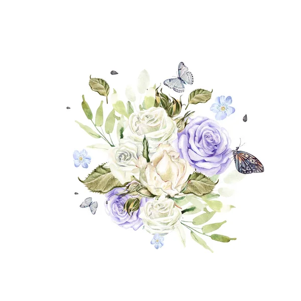 Mooie heldere aquarel boeket met bloemen van roos en maar — Stockfoto