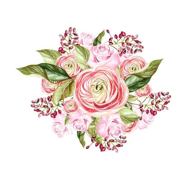 Belo buquê de aquarela brilhante com flores de rosa e ervilha — Fotografia de Stock