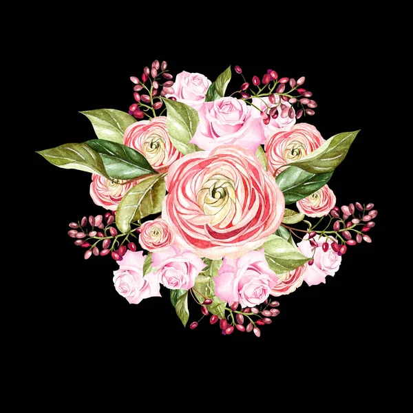 Mooie heldere aquarel boeket met bloemen van rose en peo — Stockfoto