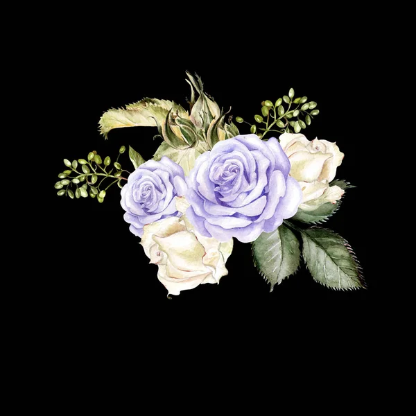 Güzel parlak suluboya buket gül ve peo çiçekli