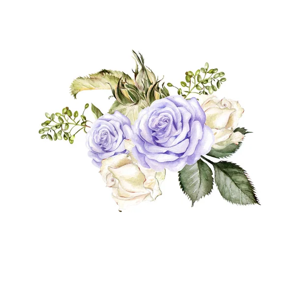 Όμορφο φωτεινό ακουαρέλα μπουκέτο με λουλούδια τριαντάφυλλου και ΠΕΟ — Φωτογραφία Αρχείου