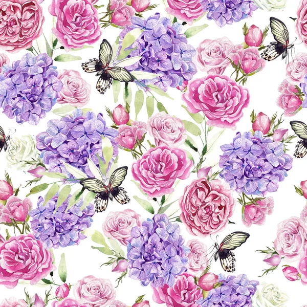 Beautiful romantic watercolor pattern with roses and hydrangeas. Butterflies and green leaves. Illustration — Stock Photo, Image