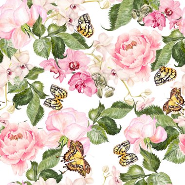 Çiçek orkide, Şakayık ve güller güzel suluboya desen. 