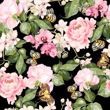 Çiçek orkide, Şakayık ve güller güzel suluboya desen. 