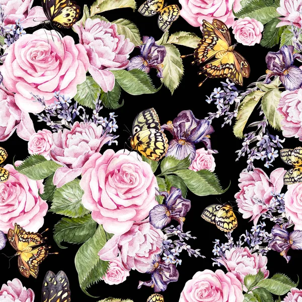 Hermoso patrón de acuarela con peonía y flores de rosas, lavanda e iris. Mariposas y hojas verdes . — Foto de Stock