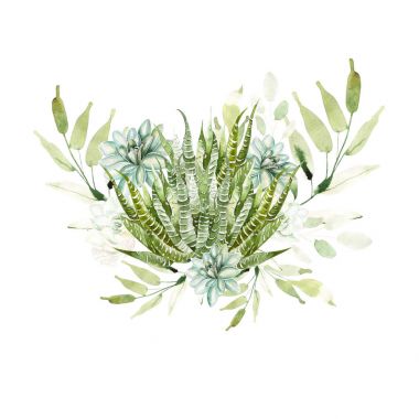Kaktüsler ve succulents suluboya buket. 