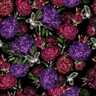 Güzel romantik suluboya desen gül ve ortanca. Kelebekler ve yeşil yaprakları. İllüstrasyon