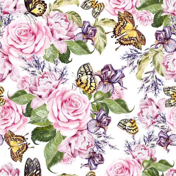 Wunderschönes Aquarellmuster mit Pfingstrose und Rosenblüten, Lavendel und Iris. Schmetterlinge und grüne Blätter. Illustration — Stockfoto