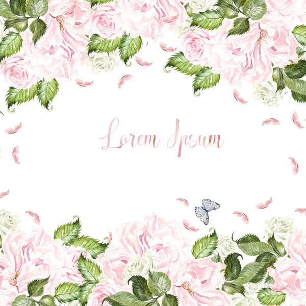 Hermosa tarjeta de boda, invitación con flores de peonía y rosa. Ilustración —  Fotos de Stock
