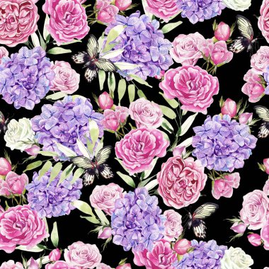 Güzel romantik suluboya desen gül ve ortanca. Kelebekler ve yeşil yaprakları. İllüstrasyon