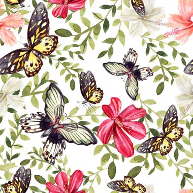 Ebegümeci ve kelebekler çiçekli güzel parlak suluboya desen. İllüstrasyon.