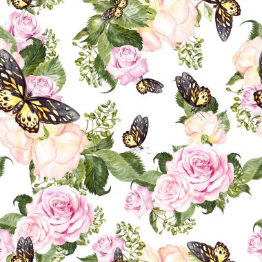 Güzel, parlak suluboya desen gül ve kelebekler. İllüstrasyon