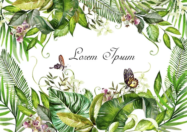 Cartão aquarela com belas borboletas e folhas verdes. Ilustração — Fotografia de Stock