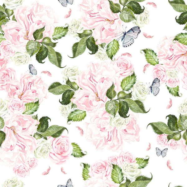 Prachtige aquarel patroon met pioenroos en roze bloemen. Vlinders en groene bladeren. — Stockfoto