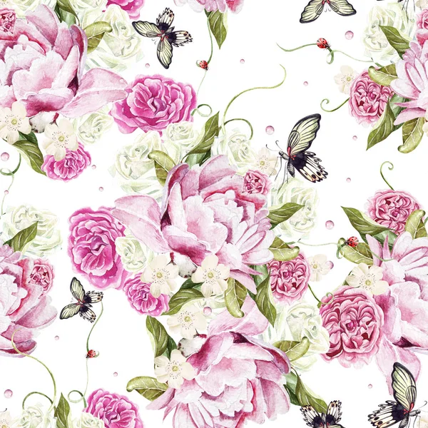 Bellissimo modello ad acquerello con peonia e fiori di rosa. Farfalle e foglie verdi . — Foto Stock