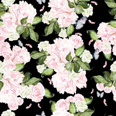 Şakayık ve gül çiçek güzel suluboya desenle. Kelebekler ve yeşil yaprakları. 