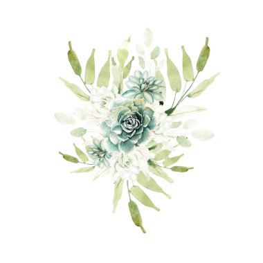 Kaktüsler ve succulents suluboya buket. 