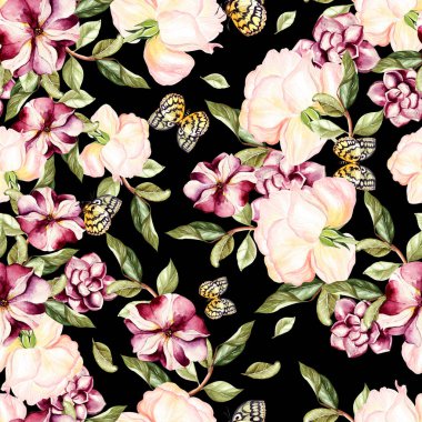 Suluboya petunyaların ve gül çiçek desenle.