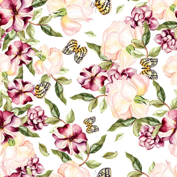 Ακουαρέλα μοτίβο με λουλούδια της πετούνιας και τριαντάφυλλα. — Φωτογραφία Αρχείου