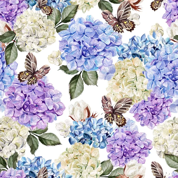 Çiçek hudrangea ve pamuk ile güzel suluboya desen. 