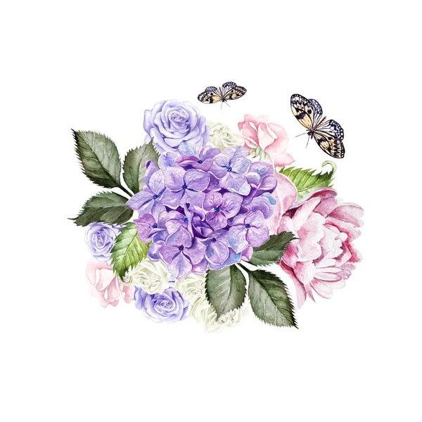 薔薇、牡丹、アジサイと水彩のウェディング ブーケ。小話 — ストック写真